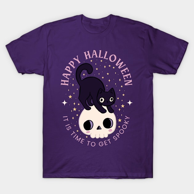 Happy halloween it is time to get spooky a cute cat on a skull T-Shirt by Yarafantasyart